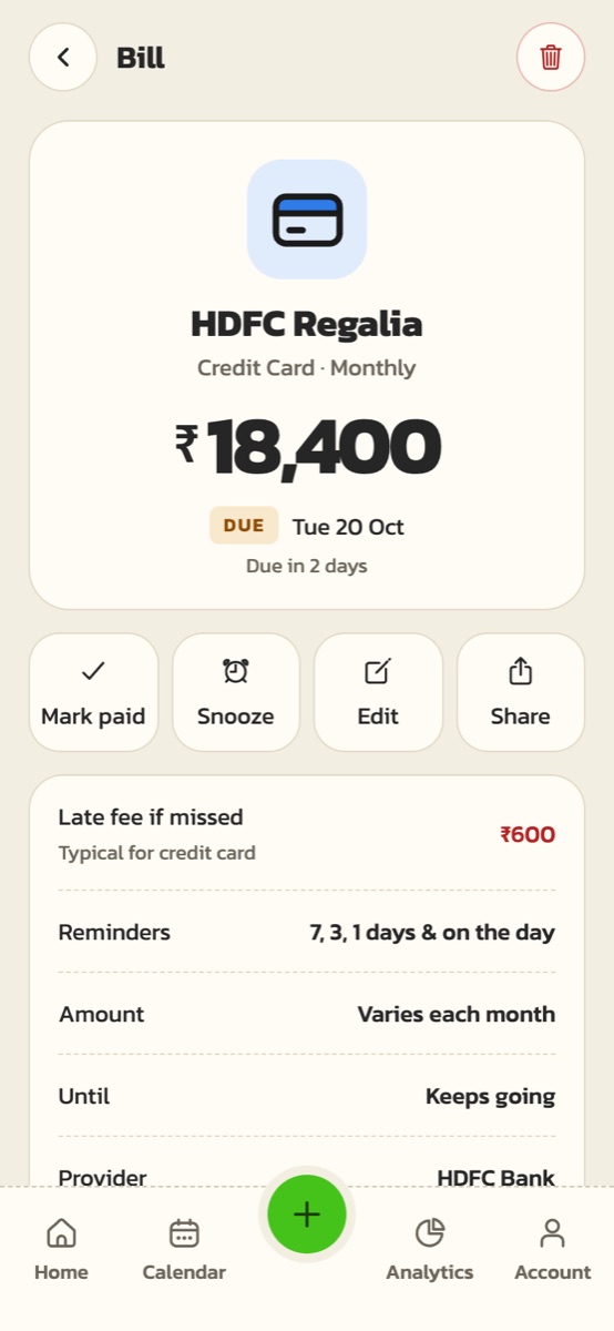 A bill with its late fee, reminders and Mark paid
